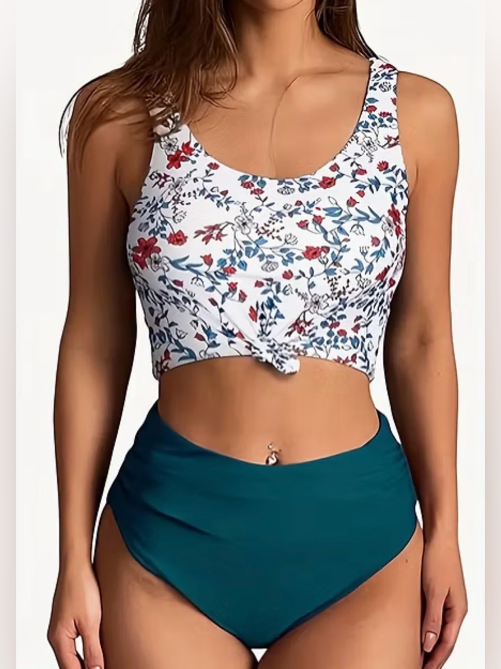 Zaful Floral White & Teal Two-Piece Bikini Set